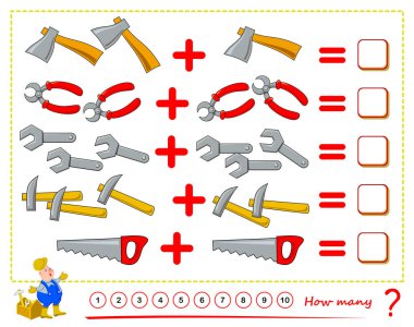 Çocuklar için matematik eğitimi. Çalışma araçlarını say, örnekleri çöz ve sayıları yaz. Çocuklar için basılabilir çalışma kâğıdı. Mantık bulmacası. Toplama üzerine matematik alıştırma kitabı. Düz çizgi film vektörü
