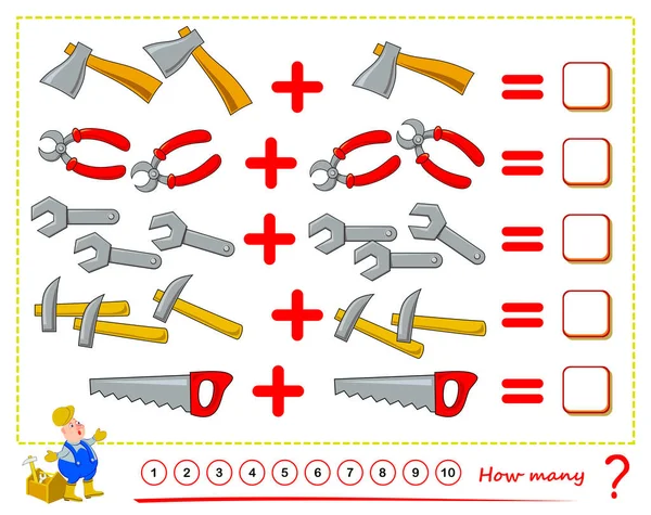 Математична Освіта Дітей Підрахуйте Кількість Робочих Інструментів Розв Яжіть Приклади — стоковий вектор