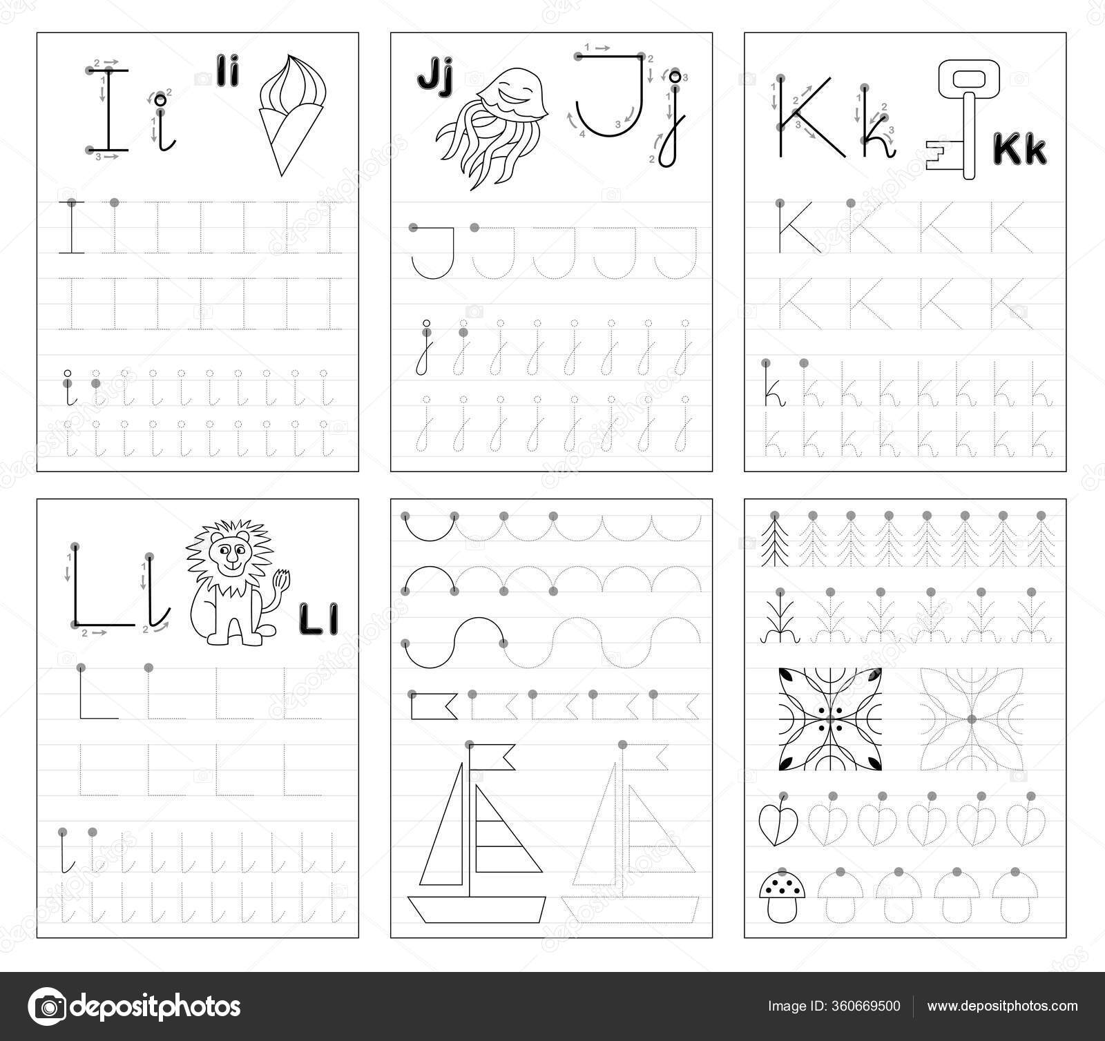 Set Black White Educational Pages Line Kids Learn Trace Alphabet Stock ...