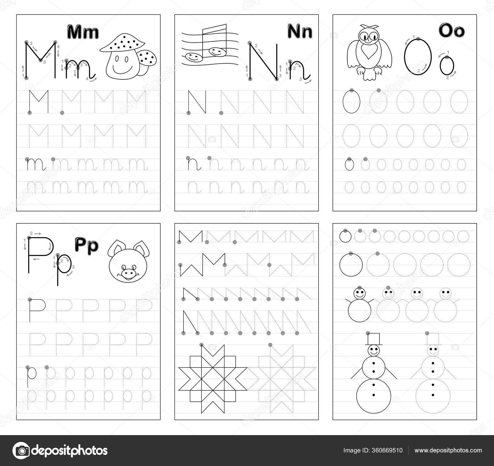 Set Black White Educational Pages Line Kids Learn Trace Alphabet Stock ...