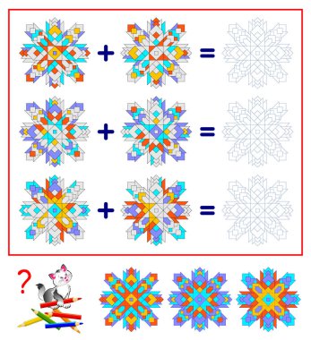 Çocuklar için matematik eğitimi. Çocuklar için basılabilir çalışma kâğıdı. Mantık bulmacası oyunu. Boyama kitabı. Örnekler çöz ve süslemeleri çiz. Matematik ekleme üzerine ders kitabı. Düz vektör şablonu.