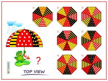 Çocuklar ve yetişkinler için mantıksal bulmaca oyunu. Şemsiyenin doğru üst görüntüsünü bulmalıyım. Zeka oyunu kitabı için basılabilir sayfa. Uzaysal düşünme becerileri geliştiriyorum. IQ eğitim testi. Vektör karikatür resmi.