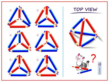 Çocuklar ve yetişkinler için mantıksal bulmaca oyunu. Piramidin doğru üst görüntüsünü bulmamız gerekiyor. Zeka oyunu kitabı için basılabilir sayfa. Uzaysal düşünme becerileri geliştiriyorum. IQ eğitim testi. Vektör karikatür resmi.