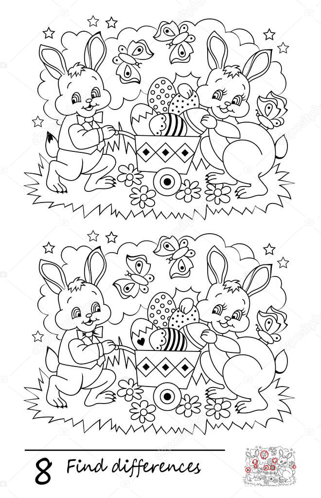 Find 8 differences. Logic puzzle game for children and adults. Black and white printable page for kids brain teaser book. Illustration of rabbits with Easter eggs. Developing counting skills. IQ test