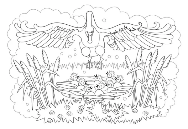 Black White Page Kids Coloring Book Illustration Flying Swan Nest — Stock Vector