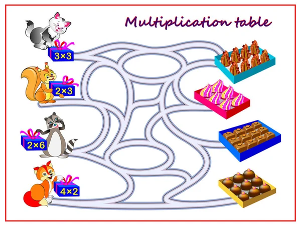 Multiplikační Stůl Labyrintem Pro Děti Počítat Množství Bonbónů Kreslit Cestu — Stockový vektor