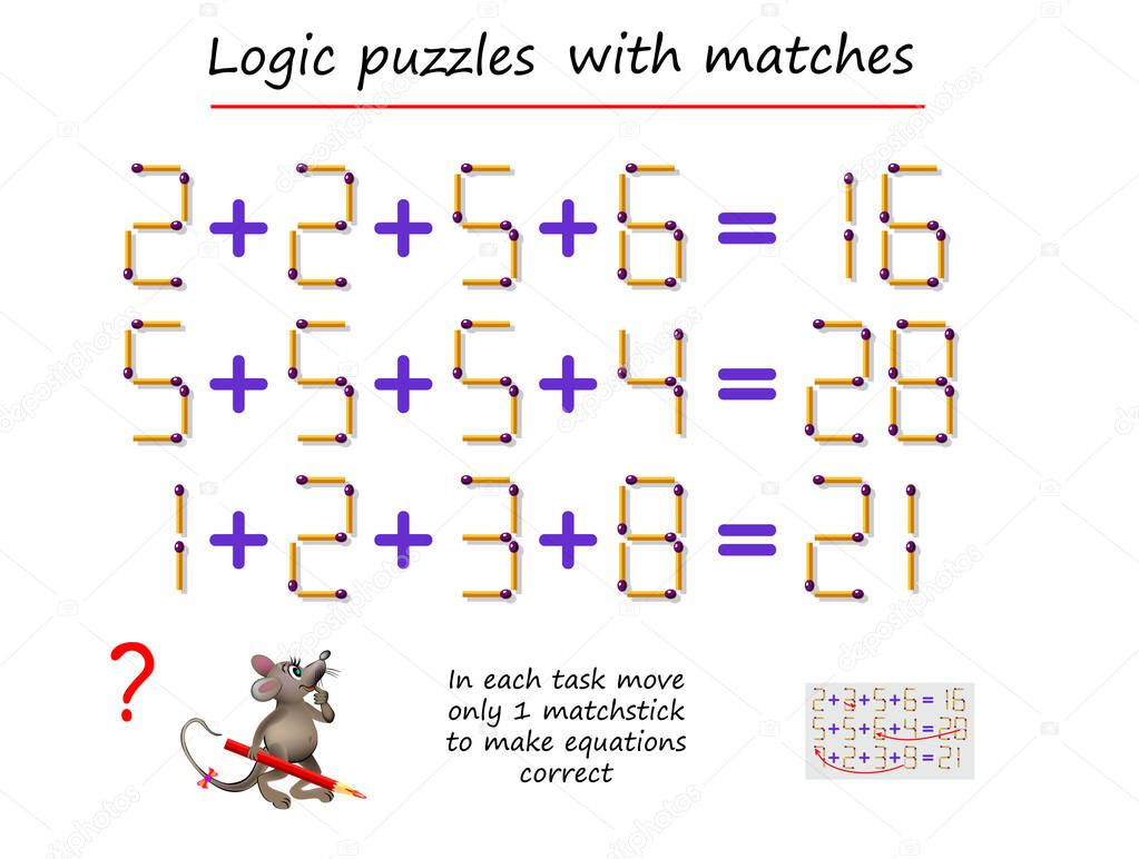 Logical puzzle game with matches. In each task move only 1 matchstick to make equations correct. Math tasks on addition. Printable page for brain teaser book. IQ training test. Vector image.