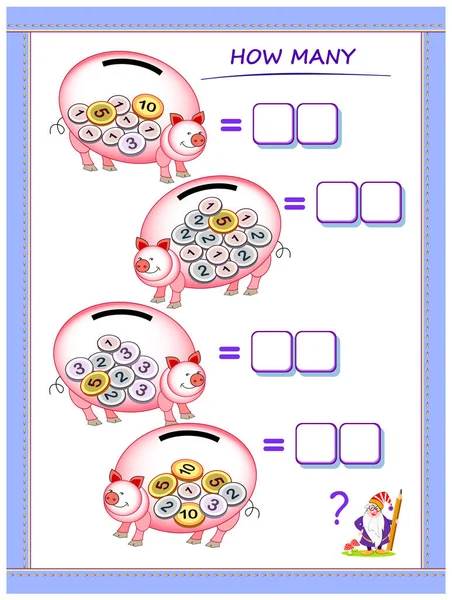 子供のための教育ページ それぞれの貯金箱にどれだけのお金があるか数えなさい 合計を数え 数字を書きます 子供数学学校の教科書用の印刷可能なワークシート 練習帳 — ストックベクタ