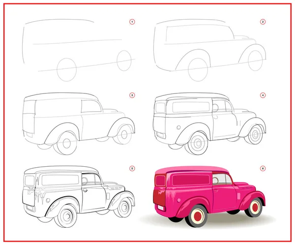 Pagina Mostra Come Imparare Disegnare Passo Dopo Passo Carino Automobile — Vettoriale Stock