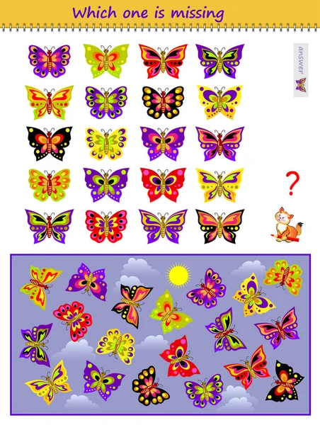 Lógica Juego Puzzle Para Niños Adultos Cuál Las Mariposas Falta — Vector de stock