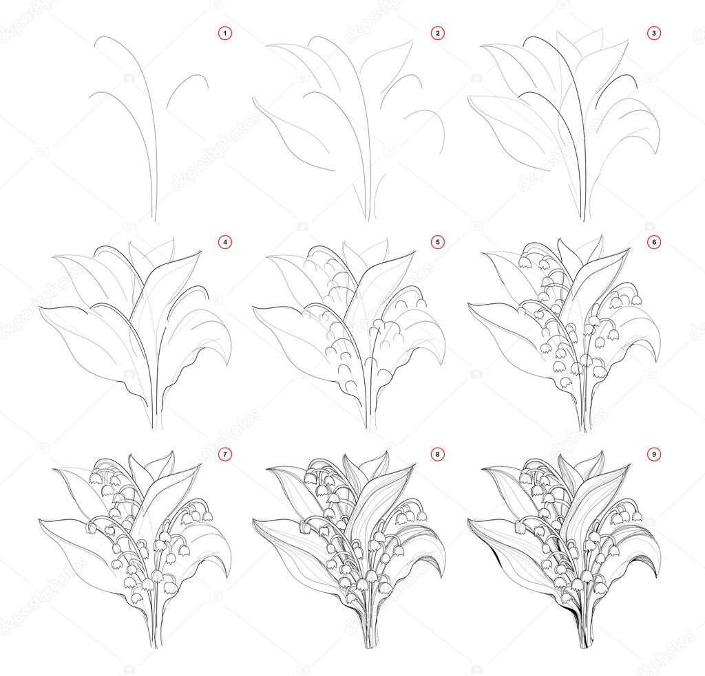 How To Draw Beautiful Bouquet Of Lily Of The Valley Flowers Creation Step By Step Pencil Drawing Educational Page For Artists School Textbook For Developing Artistic Skills Hand Drawn Vector Premium Vector
