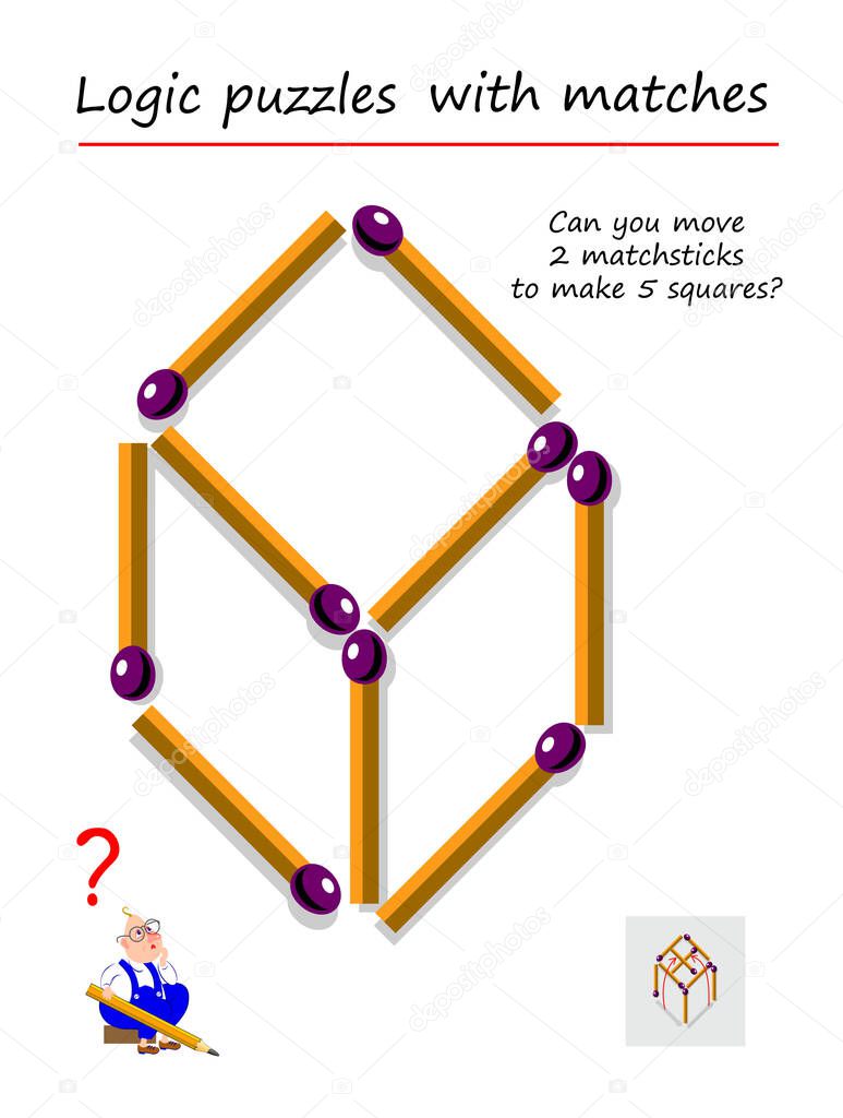 Logic puzzle game with matches for children and adults. Can you move 2 matchsticks to make 5 squares? Printable page for brain teaser book. IQ training test. Developing spatial thinking skills.