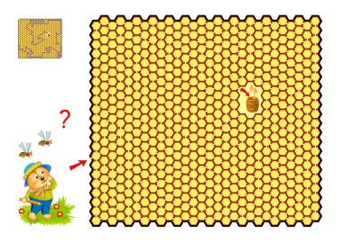 Balpetekleri olan büyük bir labirent. Çocuklar ve yetişkinler için mantıksal bulmaca oyunu. Ayının balla fıçıya giden yolu bulmasına yardım et. Çocukların zeka oyunu kitabı için basılabilir çalışma kâğıdı. IQ testi. Çizgi film vektörü.