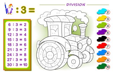 3 numaraya bölünmüş çocuklar için egzersiz. Resmi çiz. Matematik bebek kitabı için eğitim sayfası. Çocuk ders kitabı için basılabilir çalışma tablosu. Okula dönelim. IQ testi. Vektör illüstrasyonu.