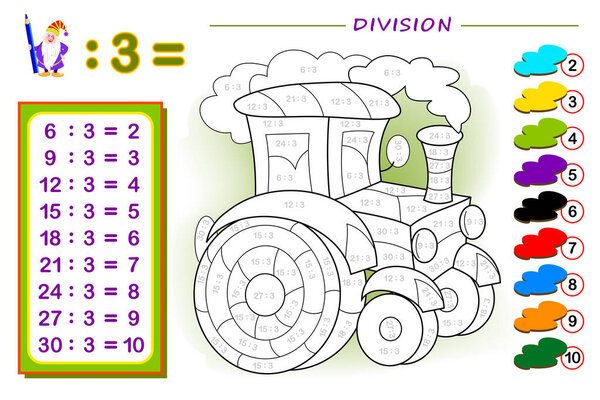 Exercise for kids with division by number 3. Paint the picture. Educational page for mathematics baby book. Printable worksheet for children textbook. Back to school. IQ test. Vector illustration.