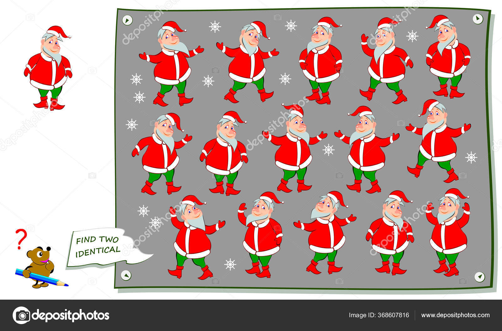 Logic Puzzle Game Children Adults Find Two Identical Santa Claus Stock  Vector Image by ©Nataljacernecka #368607816