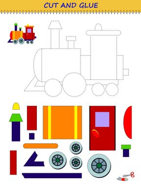 Küçük çocuklar için eğitim sayfası. Çocuklar için egzersiz içeren basılabilir şablon. Makas ve yapıştırıcı kullanarak oyuncak tren yapmak. El işi ve kesim becerileri geliştiriyorum. Düz vektör çizgi film resmi.