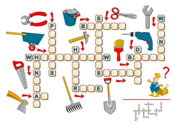 Crucigrama Juego Puzzle Para Niños Con Herramientas Trabajo Página Educativa — Vector de stock