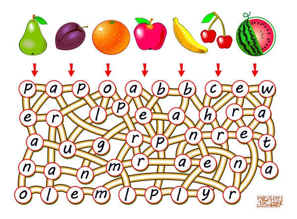 Логическая Игра Изучения Английского Языка Лабиринтом Найдите Путь Каждого Плода — стоковый вектор