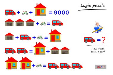 Çocuklar ve yetişkinler için matematiksel mantık bulmacası oyunu. Örnekler çöz. Bir araba ne kadar? Zeka oyunu kitabı için basılabilir sayfa. Gelişmekte olan çocuklar sayma becerileri. Ek olarak matematik alıştırmaları.