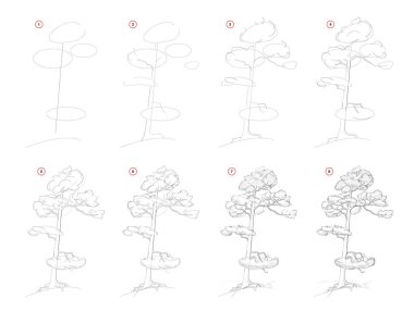 How to draw sketch of pine tree. Creation step by step pencil drawing. Educational page for artists. Textbook for developing artistic skills. Hand-drawn vector on computer by graphic tablet. clipart