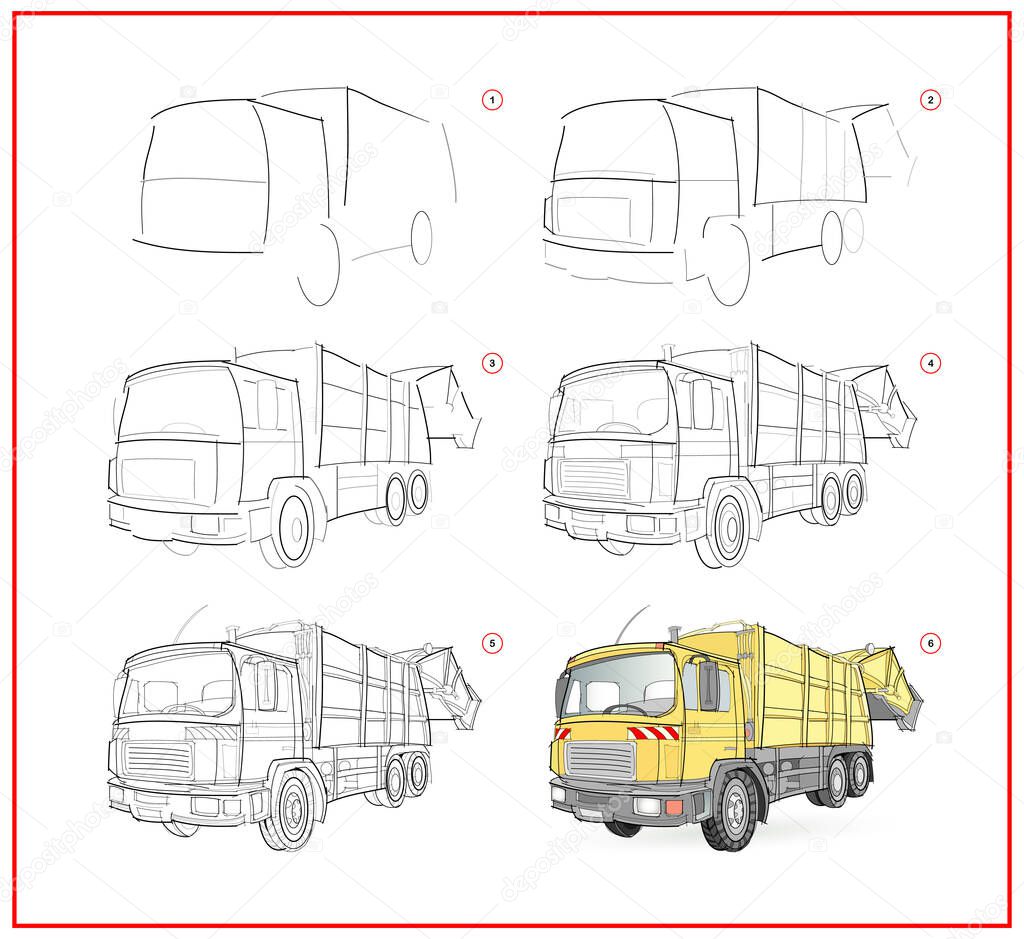 Page shows how to learn to draw step by step model of garbage truck. Developing children skills for drawing and coloring. Printable worksheet for kids school exercise book. Flat vector illustration.