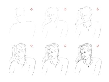 How to learn to draw sketch of women portrait. Creation step by step pencil drawing. Educational page for artists. Textbook for developing artistic skills. Hand-drawn vector. Online education. clipart