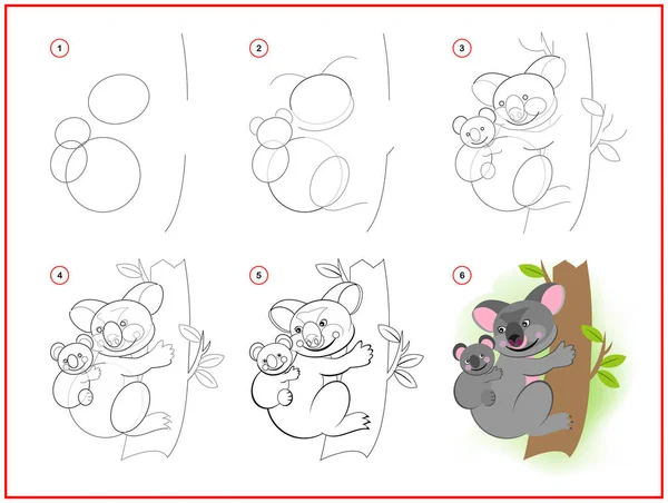 赤ちゃんと一緒にステップかわいいおもちゃコアラを描く方法を説明します 図面や着色のための子供のスキルを開発 子供の学校の運動の本のための印刷可能なワークシート 平面ベクトル図 — ストックベクタ