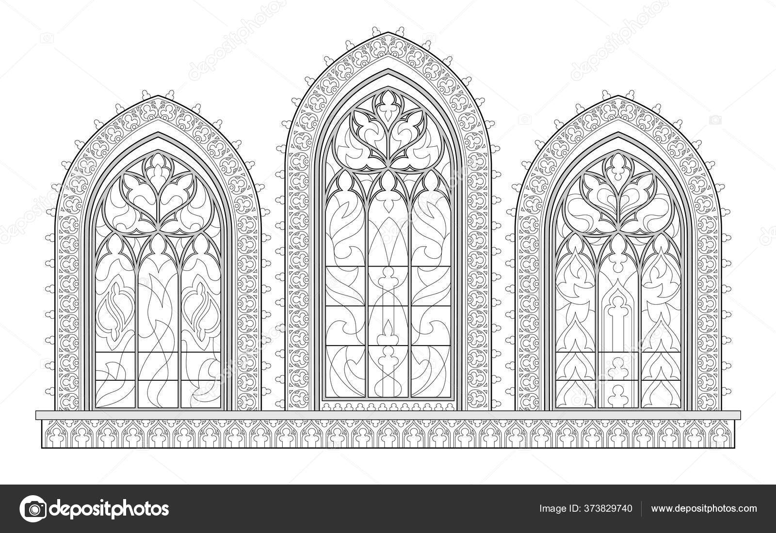 Página Preto E Branco Para Colorir. Desenho Da Fantasia De Janelas Góticos  Bonitas Com Vitral No Estilo Medieval. Planilha Para Crianças E Adultos.  Imagem Vetorial. Ilustraciones svg, vectoriales, clip art vectorizado libre