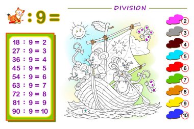 9 numaraya bölünmüş çocuklar için egzersiz. Resmini çiz. Matematik bebek kitabı için eğitim sayfası. Çocuk ders kitabı için basılabilir çalışma tablosu. Boyama kitabı. Çevrimiçi eğitim.