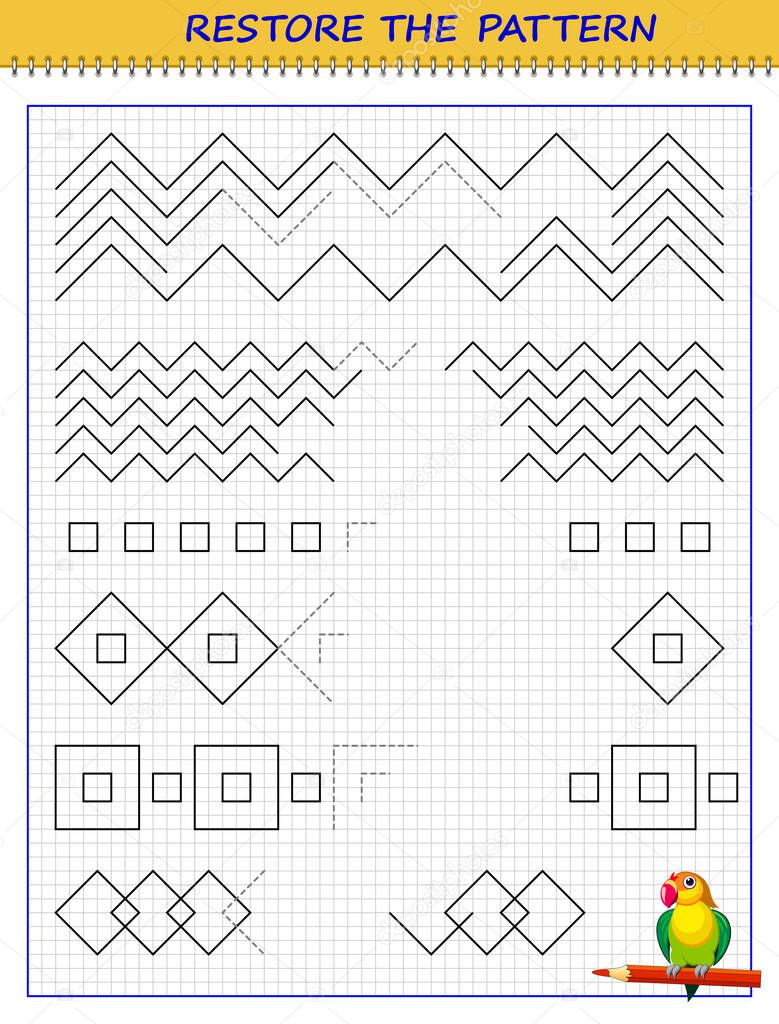 Educational page on square paper for little children. Printable worksheet for kids school exercise book. Draw the missing lines and restore the pattern. Developing skills for tracing and writing.