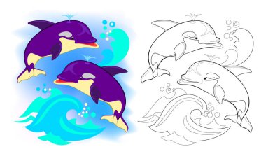 Çocuk boyama kitabı için renkli, siyah ve beyaz bir sayfa. Denizde oynayan iki sevimli katil balinanın tasviri. Çocuk okulu ders kitabı için basılabilir çalışma kağıdı. Online eğitim. Düz çizgi film vektörü.