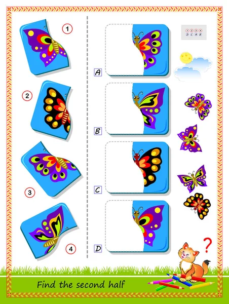 Rompecabezas Lógico Para Niños Encuentra Dibuja Segunda Mitad Cada Mariposa — Vector de stock