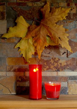 Mumlar yanan ve şömine tarafından yaprakları kuru