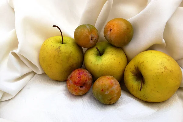 Äpfel Und Pflaumen Auf Weißem Stoff Hintergrund — Stockfoto