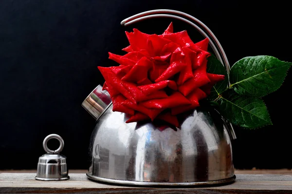 Kettle and red rose
