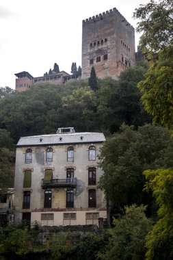 Kuleleri ve bitkileri olan Alhambra tepesi