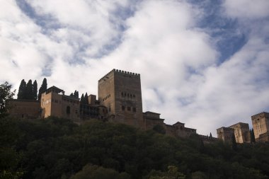 Kuleleri ve bitkileri olan Alhambra tepesi