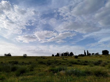 Bulutlu gökyüzü olan bir çayırda gün doğumu