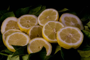 Limon yapraklarıyla ikiye bölünmüş taze limonlar.