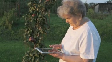 Yaşlı kadın bir dijital tablet açık havada tutan 80s