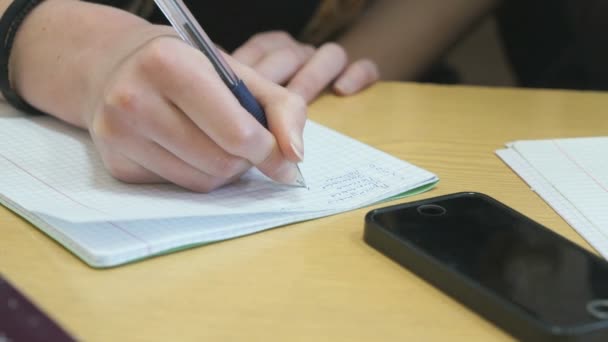 Colegiala escribe texto en libro de ejercicios sobre la lección — Vídeo de stock