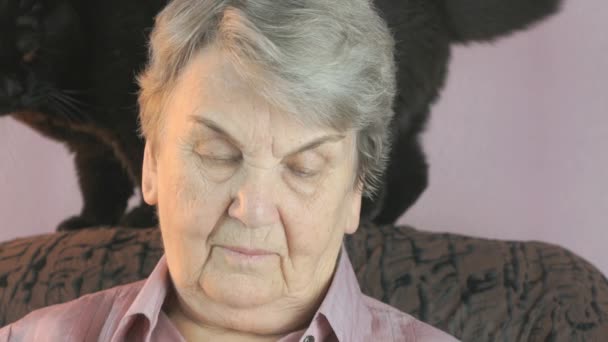 Idős asszony ül a karosszék mellett egy fekete macska — Stock videók