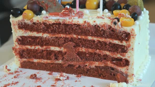 Waiter cuts the wedding cake into pieces. Close up — Stock Video