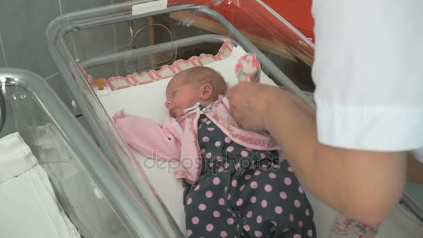 Nurse swaddles newborn infant in medical chamber — Stock Video