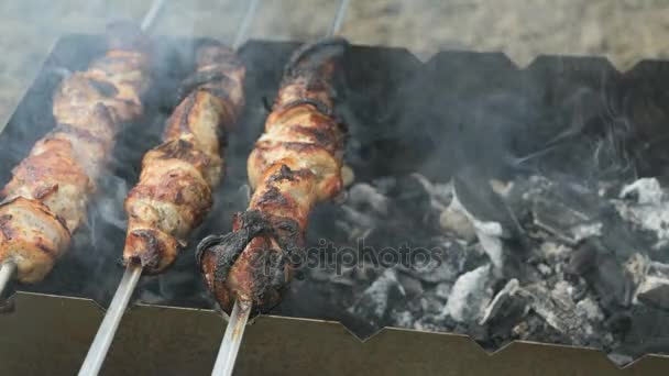 Cooking of barbecue with grilled meat on grill — Stock Video
