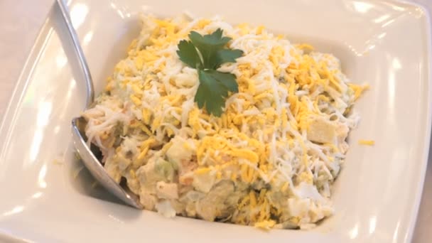 М'ясний салат, нарізані шматочки салямі на блюдцях — стокове відео