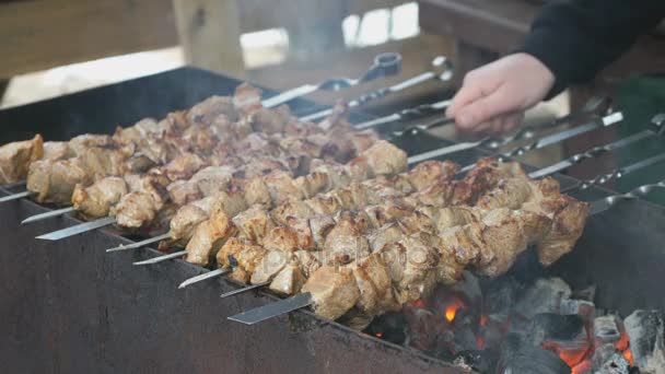 Cooking of pork shashlik on skewers on the grill — Stock Video