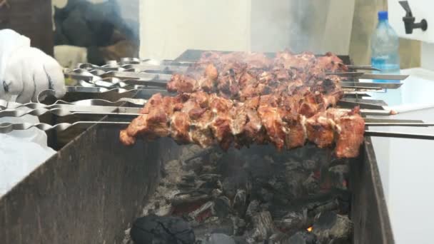 Koken van varkensvlees spiesjes op metalen spiesen op kolen — Stockvideo