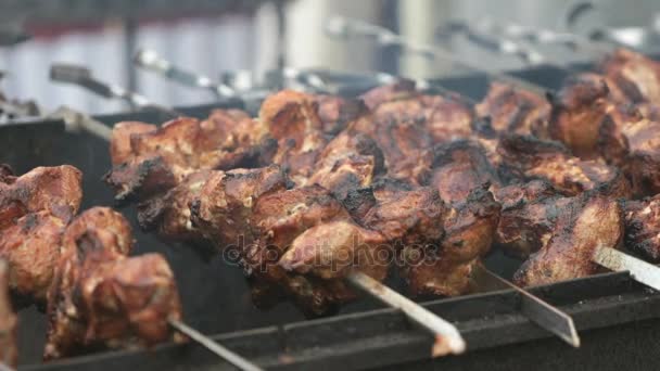 Cooking of pig meat on the metal skewers on coals — Stock Video
